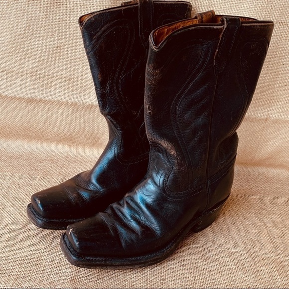 Vintage Acme Black Cowboy Western Tooled Leather Boots Men’s Size 8 Made in USA - Picture 1 of 8
